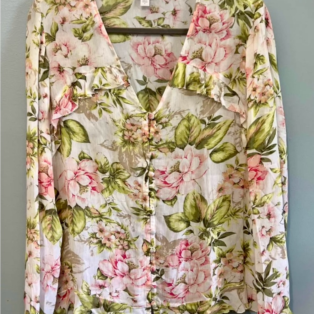 J. Jill Cream and Pink Lightweight Long Sleeve Notched Collar Blouse S